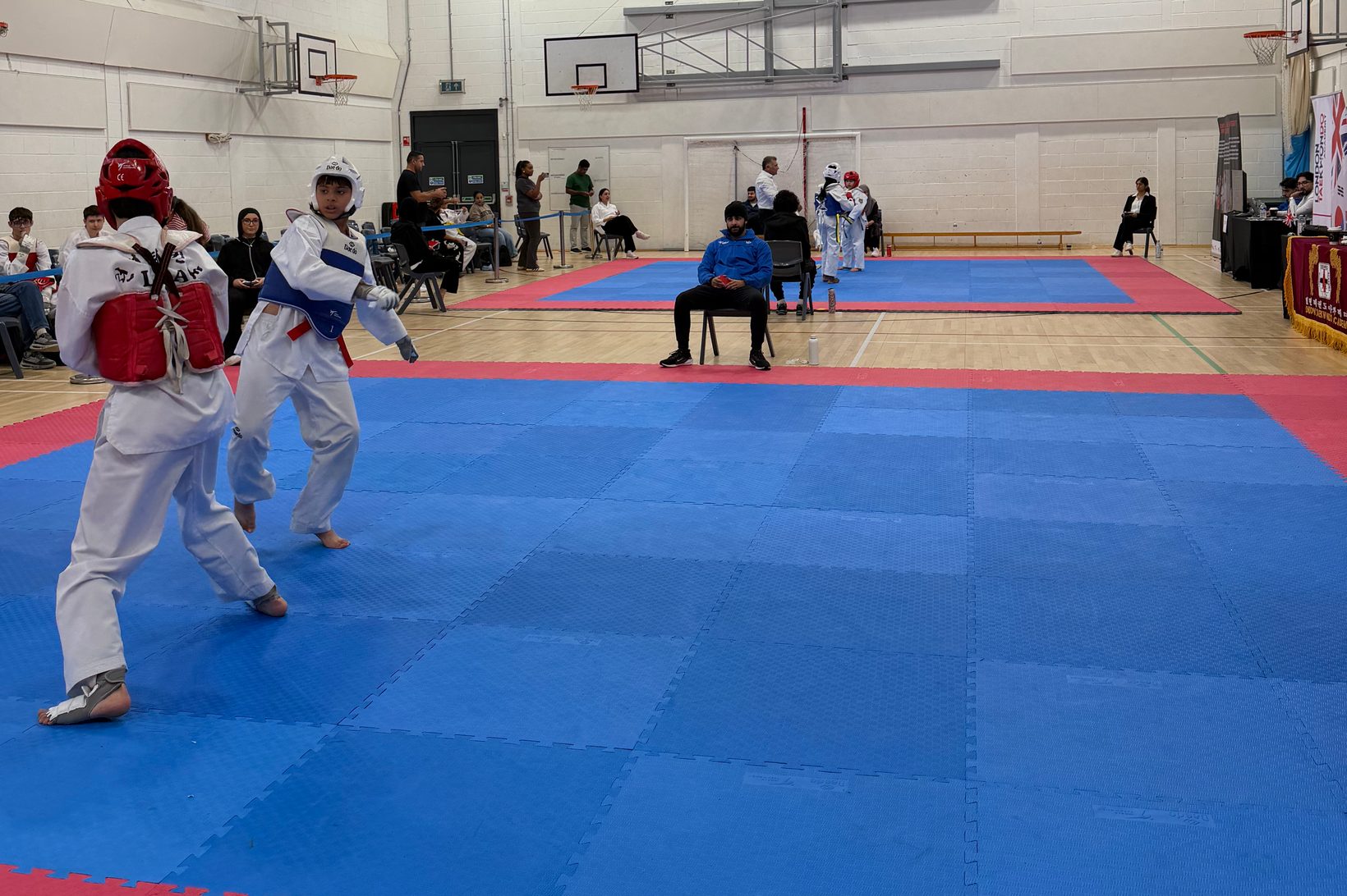 Two fighters, one in red and one in blue chest guards, square up on the mat